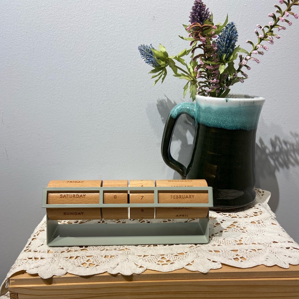 Perpetual Rotating Desk Calendar Wood and Metal